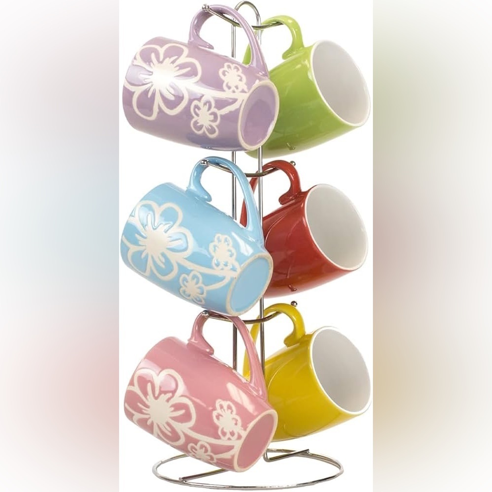 Home Basics 6 Piece Daisy Floral Ceramic 11 Ounce Mug Set